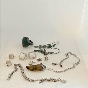 Sterling silver jewelry lot plus: green stone, tiger eye, earrings, necklace